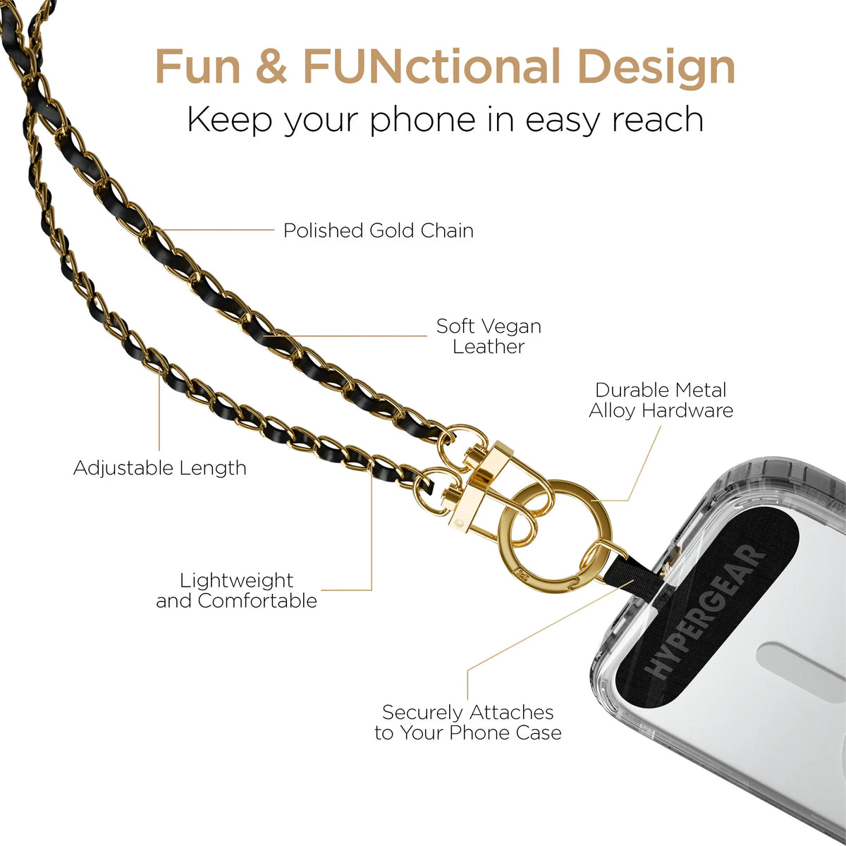 Hypergear Techcessories Gold Chain with Black Vegan Leather Universal Crossbody Phone Strap