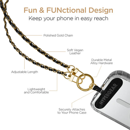 Hypergear Techcessories Gold Chain with Black Vegan Leather Universal Crossbody Phone Strap