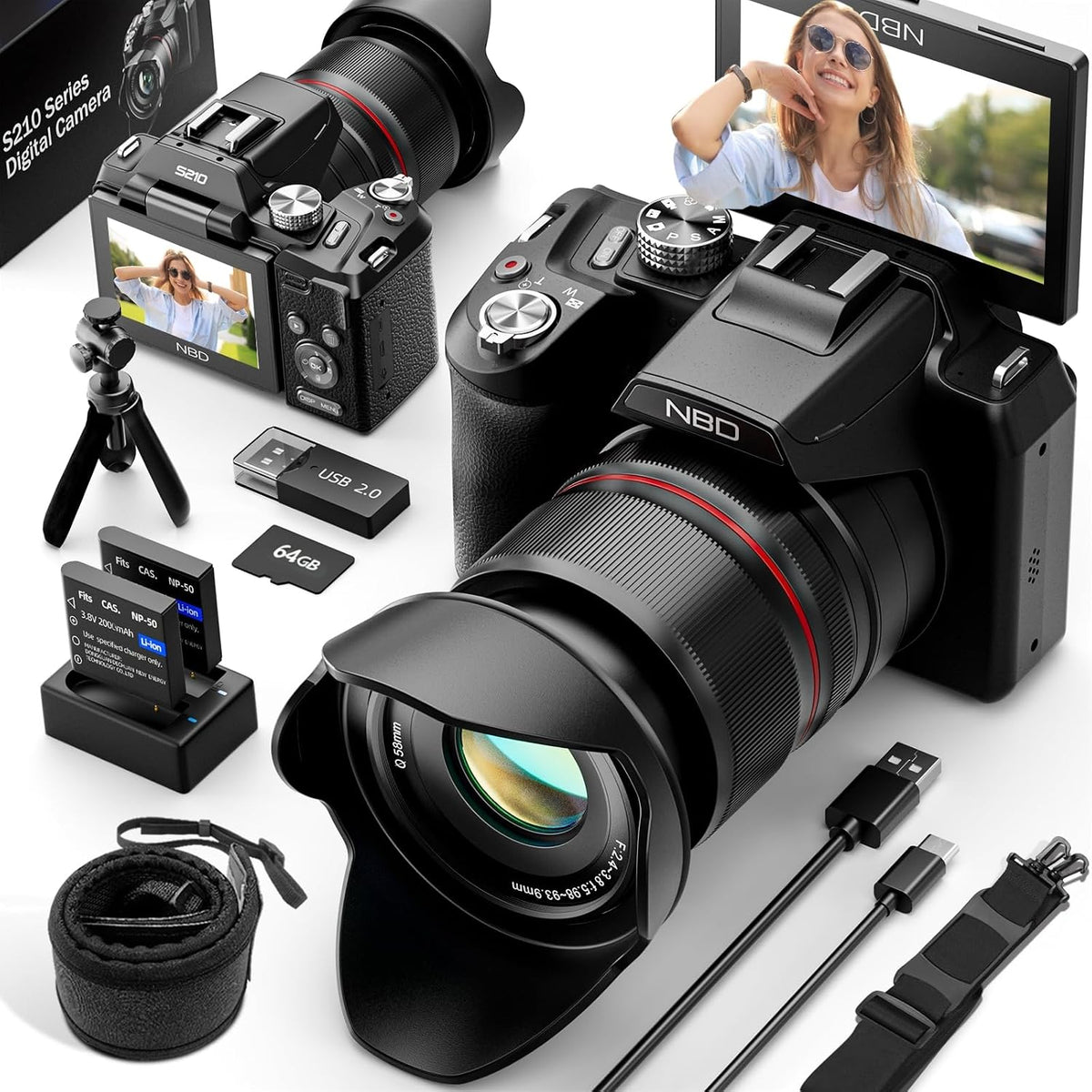 NBD 8K Digital Cameras for Photography,64Mp Vlogging Cameras for Youtube,16X Optical Zoom Travel Point and Shoot Digital Cameras Fotograficas with 180°Flip Screen,2 Batteries,64Gb Card (Black)