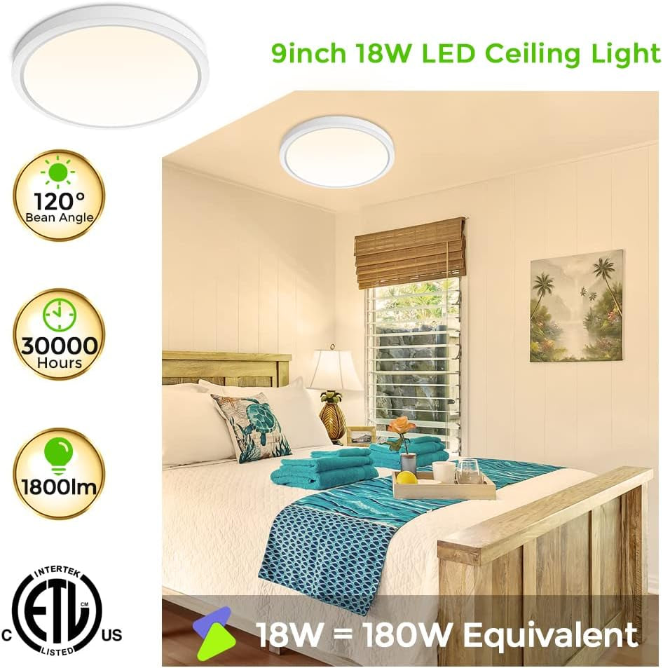 9Inch LED Flush Mount Ceiling Light Fixture, 18W [180W Equivalent] Warm White 2800K Ceiling Lights Fixture, 1800LM White Ceiling Lamp for Bedroom, Living Room, Kitchen, Office, Hallway