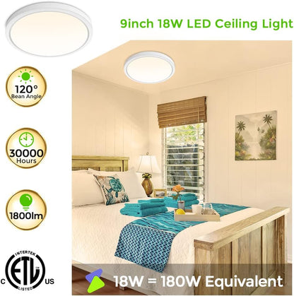 9Inch LED Flush Mount Ceiling Light Fixture, 18W [180W Equivalent] Warm White 2800K Ceiling Lights Fixture, 1800LM White Ceiling Lamp for Bedroom, Living Room, Kitchen, Office, Hallway