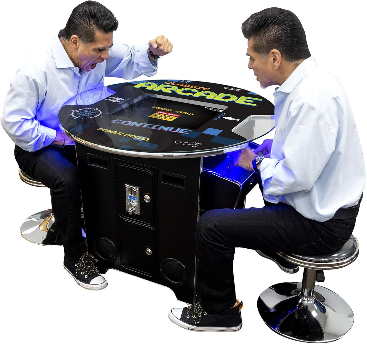Arcades Full Size Commercial Cocktail Machine | 2 Player | 60 Games | 22" LCD Screen | round Glass Top | 2 Sanwa Joysticks | 2 Stools Included | 3 Year Warranty