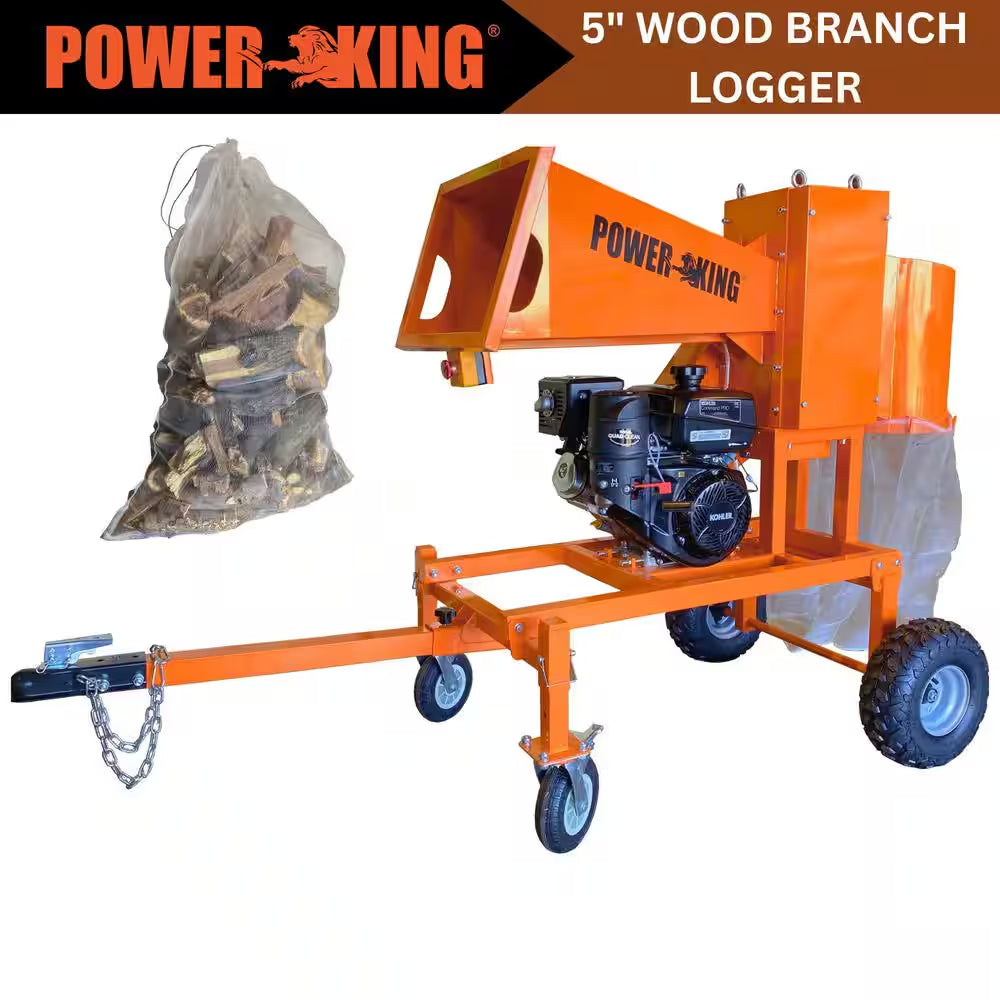 5 In. 14 HP Gas Powered Self-Feeding Commercial Chipper Shredder Wood Logger, Chops and Bags Firewood, Recoil Start