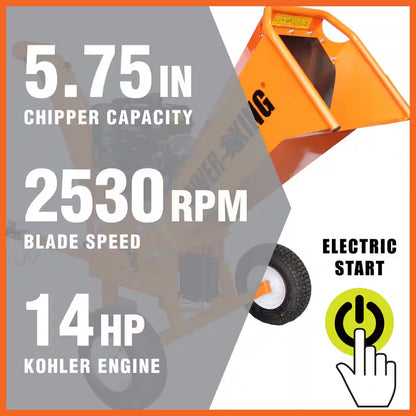 5 In. 14 HP Kohler Engine Gas Powered Commercial Chipper Shredder Kit, Electric Start, Hour Meter, Wheel Base Extension