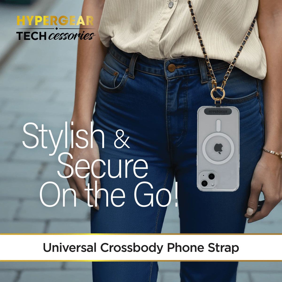 Hypergear Techcessories Gold Chain with Black Vegan Leather Universal Crossbody Phone Strap