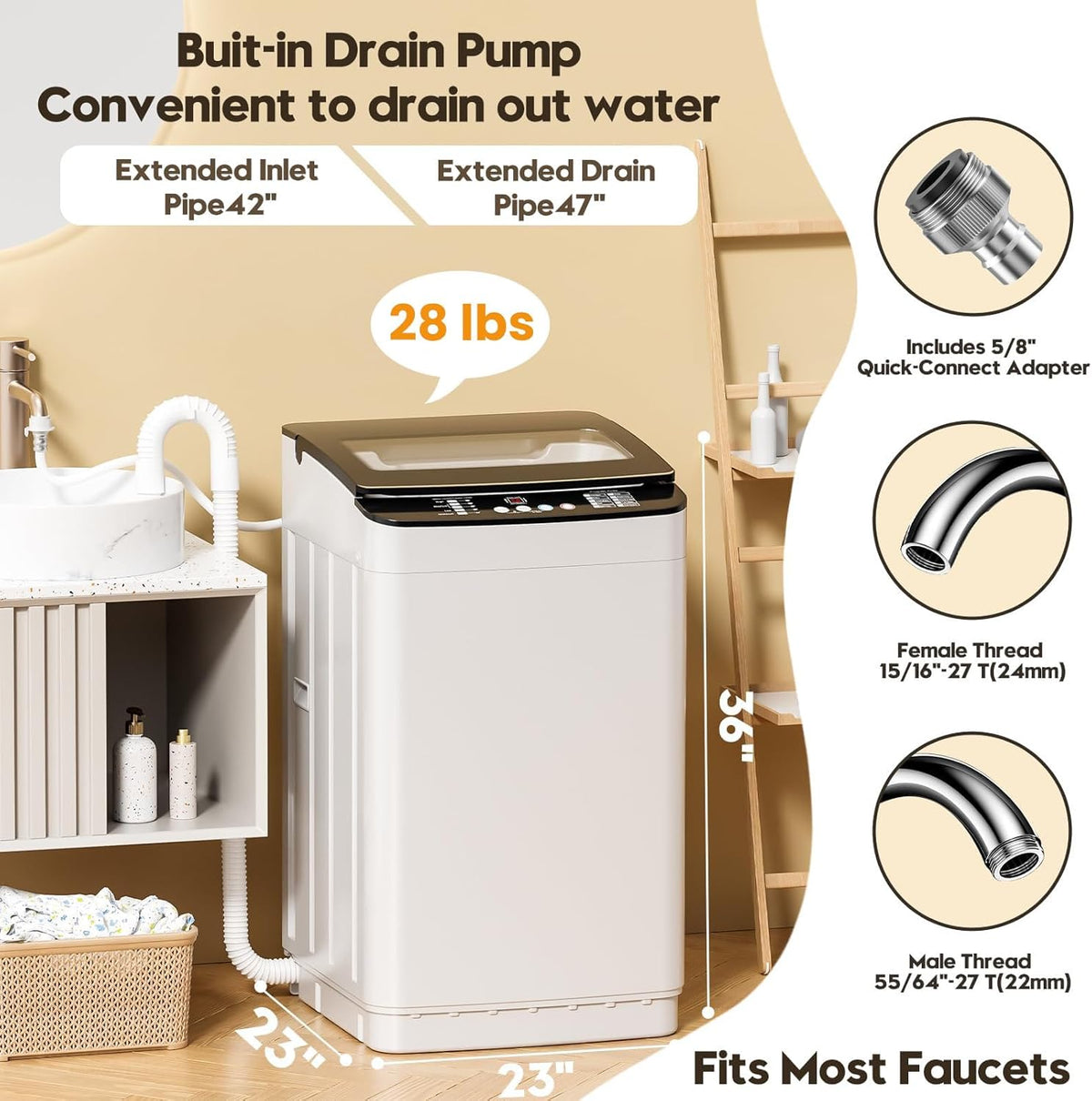 Portable Washer and Dryer Combo Set, 28 Lbs Fully Automatic Washing Machine, 1.5 Cuft Portable Dryers, Compact Washer and Dryer for Apartment, RV, Dorm