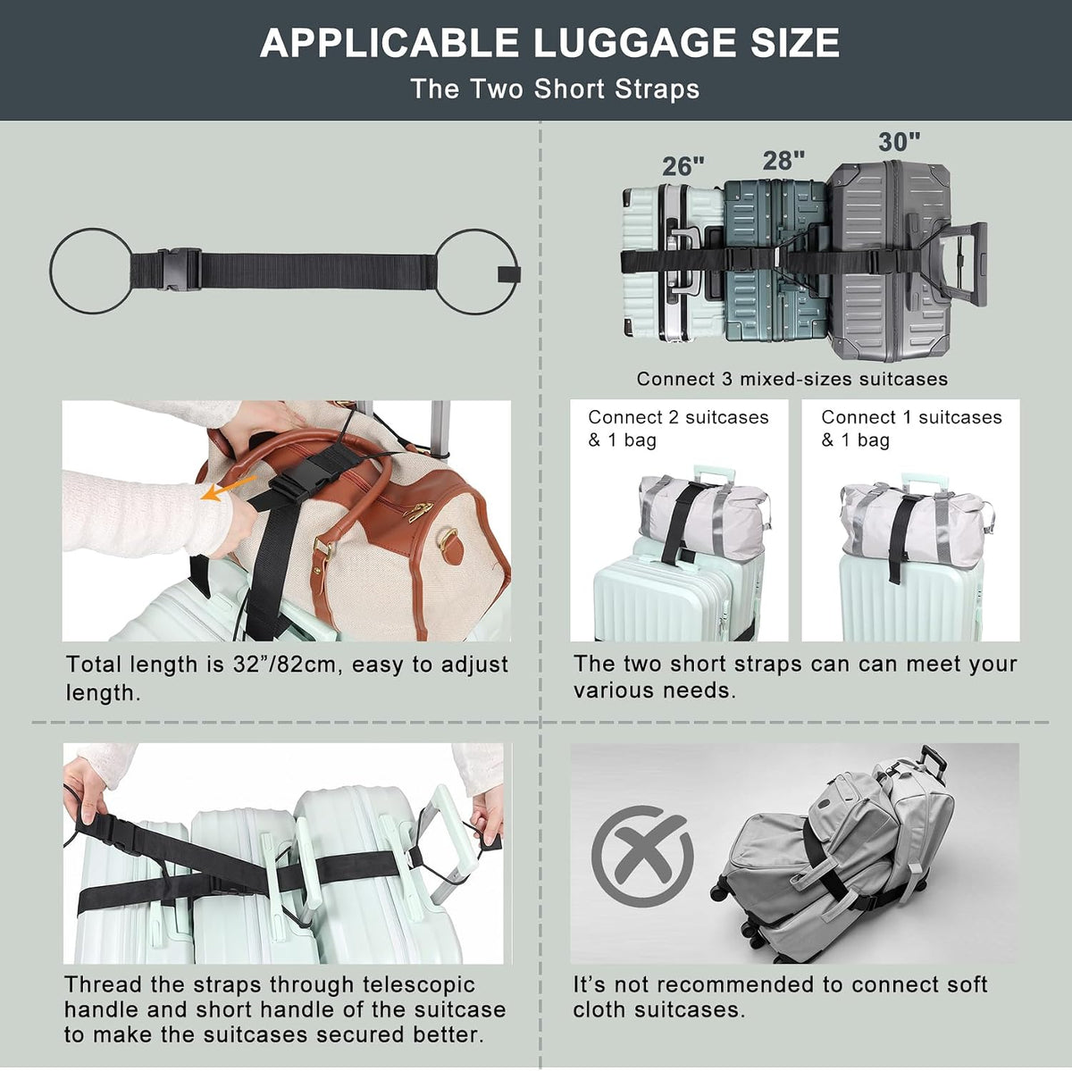 Luggage Straps for Suitcases 3 PCS, Adjustable Elastic Tick Rope