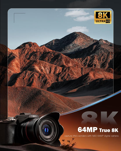 NBD 8K Digital Cameras for Photography,64Mp Vlogging Cameras for Youtube,16X Optical Zoom Travel Point and Shoot Digital Cameras Fotograficas with 180°Flip Screen,2 Batteries,64Gb Card (Black)